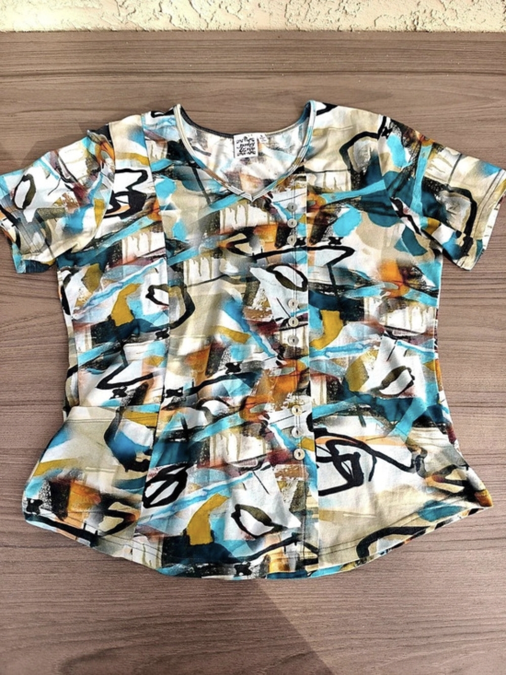 Parsley & Sage Abstract Print Button Down Top in Blue & White Size Small